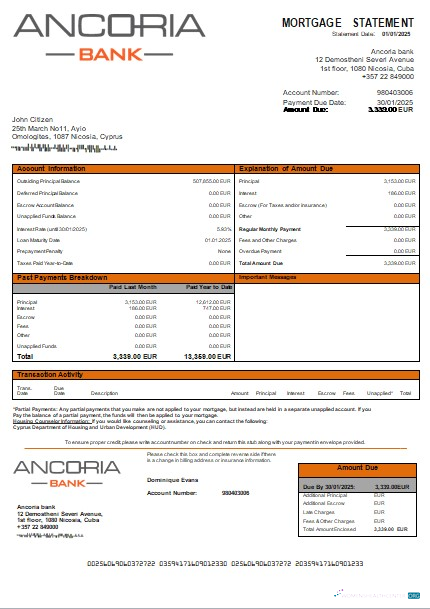 Download Cyprus Ancoria bank mortgage statement scr Photoshop template